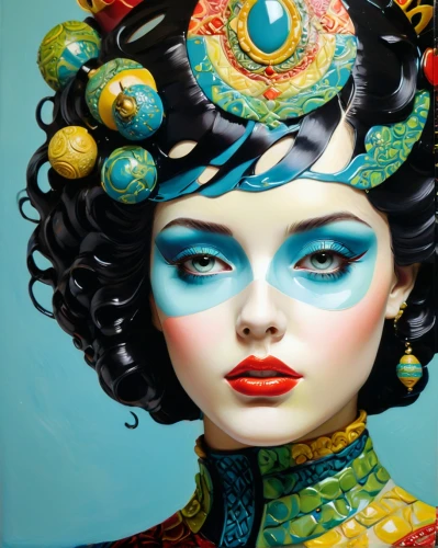 geisha girl,chinese art,body painting,bodypainting,geisha,peking opera,meticulous painting,oriental girl,bodypaint,oriental princess,painted lady,taiwanese opera,orientalism,fantasy art,oriental painting,fantasy portrait,painter doll,art painting,teal blue asia,oriental,Conceptual Art,Oil color,Oil Color 02