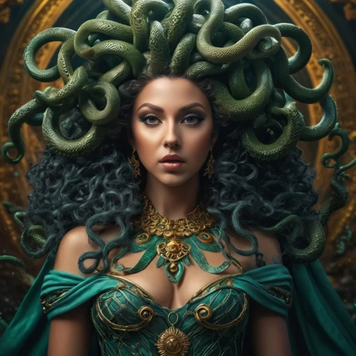 medusa,medusa gorgon,gorgon,fantasy portrait,cleopatra,the enchantress,laurel wreath,dryad,fantasy art,celtic queen,malachite,priestess,anahata,fantasy woman,green wreath,sorceress,mystical portrait of a girl,zodiac sign libra,green mermaid scale,tendrils,Photography,General,Fantasy