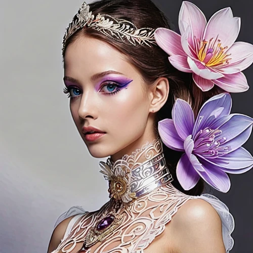 flower fairy,lilac blossom,fairy queen,lilac flower,faery,beautiful girl with flowers,bridal accessory,faerie,elven flower,bridal jewelry,oriental princess,exotic flower,fantasy art,fashion illustration,purple lilac,adornments,body painting,filigree,flower girl,fantasy portrait,Illustration,Realistic Fantasy,Realistic Fantasy 37