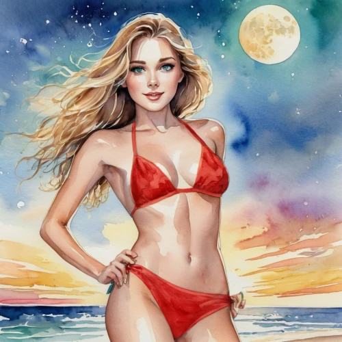 watercolor pin up,beach background,fashion illustration,the blonde in the river,photo painting,watercolor painting,fantasy art,colour pencils,watercolor,color pencil,color pencils,colored pencil,art painting,water color,aphrodite,world digital painting,fantasy woman,watercolor paint,blonde woman,watercolor pencils