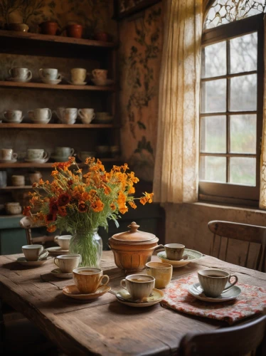 country cottage,victorian kitchen,vintage kitchen,vintage dishes,vintage china,tearoom,tea service,chinaware,breakfast room,breakfast table,autumn decor,dining table,antique table,kitchen table,tableware,the kitchen,country house,stoneware,rustic,dandelion hall,Illustration,Abstract Fantasy,Abstract Fantasy 16