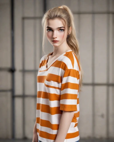 girl in t-shirt,olallieberry,clementine,polo shirt,orange,long-sleeved t-shirt,liberty cotton,horizontal stripes,tee,orange color,orange robes,prisoner,chainlink,tshirt,angelica,isolated t-shirt,striped background,in a shirt,female model,harley quinn,Photography,Natural