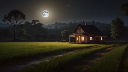 lonely house,little house,home landscape,moonlit night,small house,night scene,house in the forest,small cabin,world digital painting,landscape background,wooden house,evening atmosphere,wooden hut,moonshine,witch's house,summer cottage,fantasy picture,cottage,the night of kupala,moonlit,Photography,General,Natural
