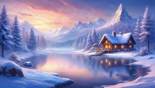 winter house,christmas landscape,winter background,winter landscape,snow landscape,snowy landscape,christmas snowy background,winter village,snow scene,home landscape,snow house,landscape background,winter lake,winter dream,house in mountains,christmasbackground,winter magic,winter wonderland,fantasy landscape,ice landscape,Illustration,Realistic Fantasy,Realistic Fantasy 01