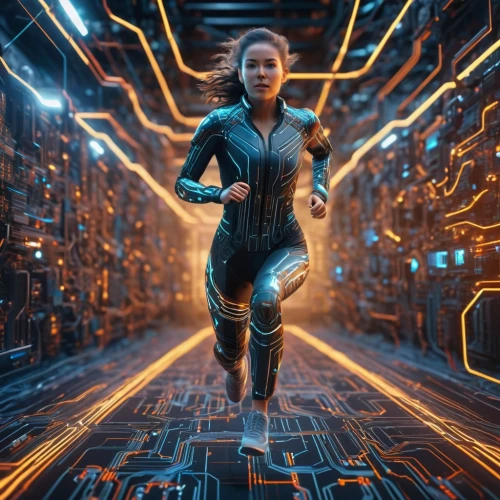 futuristic,sprint woman,matrix,sci fiction illustration,scifi,digital compositing,female runner,sci - fi,sci-fi,cyberpunk,women in technology,sci fi,maze,cyborg,lost in space,runner,girl at the computer,cg artwork,running machine,cinema 4d,Photography,General,Sci-Fi