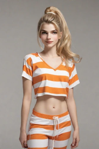 horizontal stripes,female doll,striped background,realdoll,female model,orange,3d model,model years 1958 to 1967,liberty cotton,dress doll,orange color,women's clothing,fashion doll,gradient mesh,crop top,pajamas,apricot,striped,3d figure,orange cream,Photography,Natural