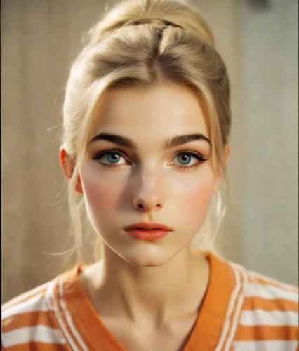 vintage makeup,beautiful face,natural cosmetic,portrait of a girl,doll's facial features,pretty young woman,angel face,clementine,girl portrait,young woman,beautiful young woman,eurasian,realdoll,vintage girl,orange,mascara,retro girl,elsa,angelica,women's eyes,Photography,Analog