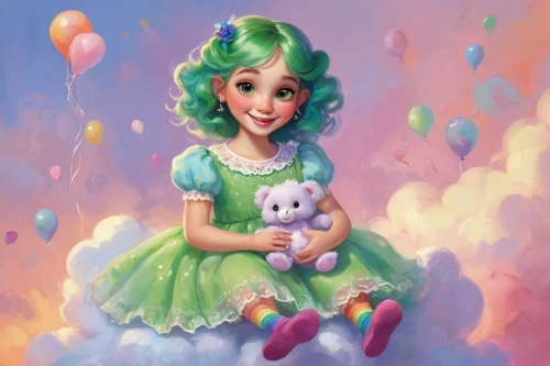 little girl with balloons,shamrock balloon,green balloons,irish balloon,rosa ' the fairy,fairy tale character,little girl fairy,candy cauldron,child fairy,fairy dust,rosa 'the fairy,princess sofia,princess anna,fairy world,green bubbles,rainbow color balloons,fairy,children's background,klepon,fairy galaxy,Conceptual Art,Oil color,Oil Color 22