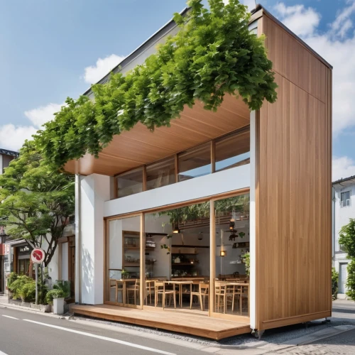 street cafe,japanese restaurant,coffeetogo,japanese architecture,wooden facade,timber house,cubic house,cube house,archidaily,cafe,izakaya,wooden house,kanazawa,eco-construction,curry tree,a restaurant,frame house,greenbox,inverted cottage,japan place,Photography,General,Realistic