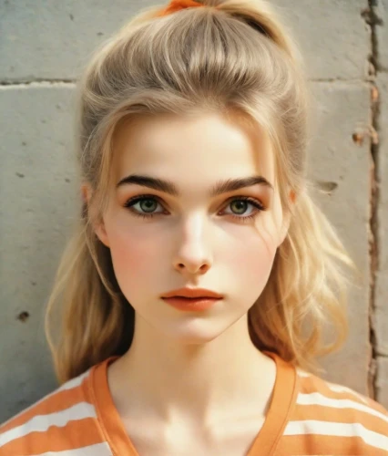 doll's facial features,realdoll,pompadour,natural cosmetic,blond girl,blonde girl,vintage makeup,beautiful face,pretty young woman,vintage girl,doll face,bun,beautiful young woman,girl portrait,young woman,model doll,blonde woman,portrait of a girl,madeleine,natural color,Photography,Analog