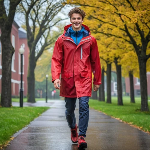 weatherproof,walking in the rain,polar fleece,outerwear,raincoat,star-lord peter jason quill,national parka,red coat,male model,rain suit,walking man,overcoat,trail searcher munich,man's fashion,high-visibility clothing,parka,a pedestrian,red cape,autumn walk,rain pants,Photography,General,Realistic