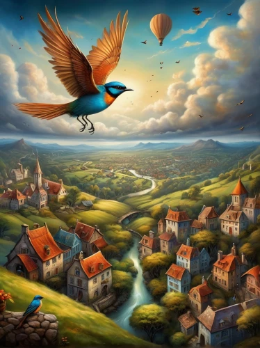 fantasy picture,fantasy art,hot-air-balloon-valley-sky,bird kingdom,fantasy landscape,flying birds,bird flight,birds flying,world digital painting,birds in flight,bird migration,bird bird kingdom,flying seeds,elves flight,flying seed,bird flying,montgolfiade,aerial landscape,migration,migrate,Illustration,Realistic Fantasy,Realistic Fantasy 01