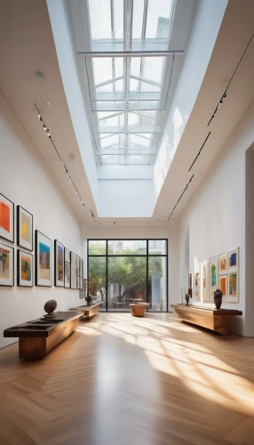 art gallery,gallery,daylighting,skylight,art museum,modern room,glass roof,frame house,contemporary,structural glass,great gallery,glass wall,archidaily,futuristic art museum,wooden windows,glass panes,opaque panes,interior modern design,the living room of a photographer,glass window,Illustration,American Style,American Style 02
