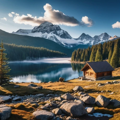 mountain hut,the cabin in the mountains,alpine hut,house with lake,alpine lake,mountain huts,house in mountains,log cabin,tatra mountains,landscape background,emerald lake,lake misurina,alpsee,beautiful landscape,small cabin,south tyrol,home landscape,berchtesgaden national park,bernese alps,seealpsee,Photography,General,Realistic
