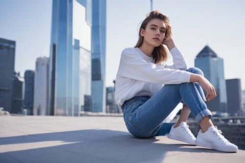 menswear for women,female model,white boots,women fashion,linen shoes,on the roof,girl sitting,woman in menswear,city ​​portrait,women clothes,woman sitting,white clothing,girl in a long,women shoes,blue shoes,foot model,woman shoes,girl on a white background,jeans background,portrait photography,Photography,Fashion Photography,Fashion Photography 12