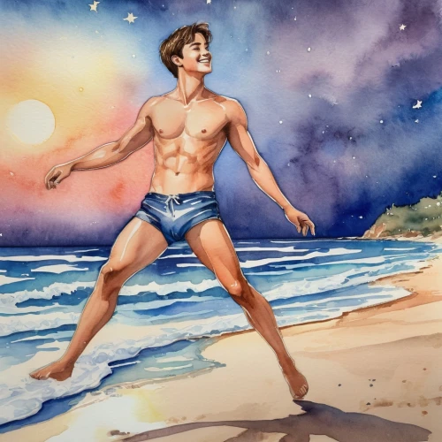 male poses for drawing,man at the sea,beach background,male ballet dancer,watercolor pin up,advertising figure,the beach fixing,watercolor background,adonis,merman,world digital painting,horoscope libra,ryan navion,photo painting,sea god,beach sports,surfer,beach scenery,macho,beach toy,Illustration,Paper based,Paper Based 25