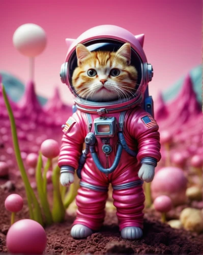 pink cat,red tabby,the pink panter,cartoon cat,alien planet,mission to mars,cat warrior,extraterrestrial life,tabby cat,cosmonaut,doll cat,spacesuit,astronaut,space-suit,animal feline,space suit,cat image,red planet,spacefill,astronautics,Unique,3D,Toy