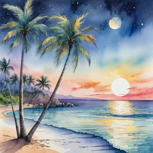 watercolor palm trees,watercolor background,beach landscape,beach scenery,colored pencil background,beach background,moon and star background,dream beach,landscape background,tropical beach,tropical sea,watercolor,sunset beach,watercolor painting,ocean paradise,ocean background,watercolor paint,sunrise beach,an island far away landscape,paradise beach,Illustration,Paper based,Paper Based 25