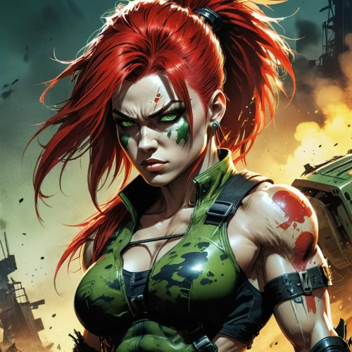 huntress,combat medic,harley,background ivy,poison ivy,patrol,female warrior,massively multiplayer online role-playing game,harley quinn,red hood,game illustration,black widow,renegade,lost in war,game art,firethorn,sci fiction illustration,infiltrator,hard woman,mercenary,Illustration,American Style,American Style 13