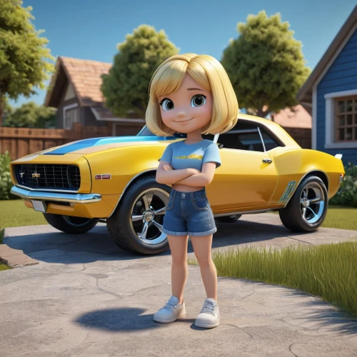 girl and car,muscle car cartoon,girl washes the car,pony car,3d car model,dodge la femme,cartoon car,ford lightning,bumblebee,american muscle cars,girl in car,dodge ram rumble bee,ford mustang,first generation ford mustang,car model,second generation ford mustang,girl pony,yellow car,chevrolet venture,american car,Unique,3D,3D Character
