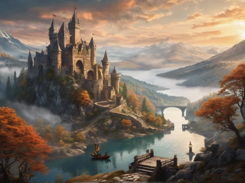 fantasy landscape,fantasy picture,fantasy art,hogwarts,fairy tale castle,fantasy world,fairytale castle,castle of the corvin,3d fantasy,fantasy city,knight's castle,water castle,world digital painting,castel,heroic fantasy,fairy tale,fairytale,a fairy tale,autumn mountains,castle,Photography,Fashion Photography,Fashion Photography 03