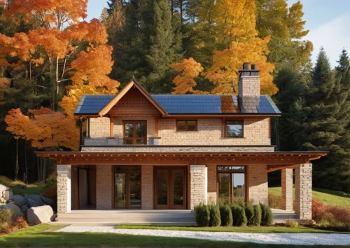 house in the forest,eco-construction,timber house,log cabin,wooden house,new england style house,small cabin,3d rendering,country cottage,inverted cottage,summer cottage,log home,cottage,the cabin in the mountains,folding roof,fall landscape,garden elevation,chalet,smart home,house drawing,Photography,General,Realistic