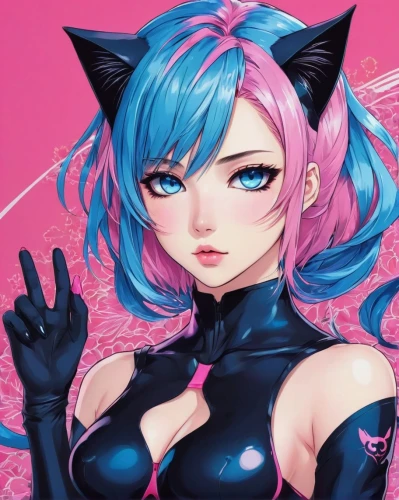 catwoman,pink cat,black cat,kat,hatsune miku,panther,feline,anime 3d,cat ears,cyan,cat eyes,would a background,kotobukiya,pink vector,fran,aqua,latex gloves,holly blue,kitty,cat eye,Illustration,Japanese style,Japanese Style 04