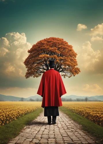 red coat,red cape,conceptual photography,photo manipulation,photoshop manipulation,digital compositing,man in red dress,photomanipulation,red riding hood,the wanderer,the mystical path,image manipulation,buddhist monk,the path,walking man,nature and man,train of thought,red tree,bodhi tree,road of the impossible,Photography,Documentary Photography,Documentary Photography 32