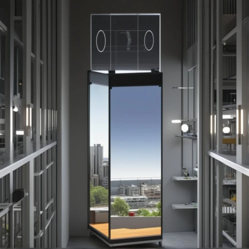 room divider,modern office,sky apartment,steel door,elevator,sliding door,tower clock,penthouse apartment,offices,block balcony,elevators,door-container,hanging clock,dialogue window,glass facade,transparent window,vitrine,the observation deck,observation tower,observation deck,Photography,General,Realistic