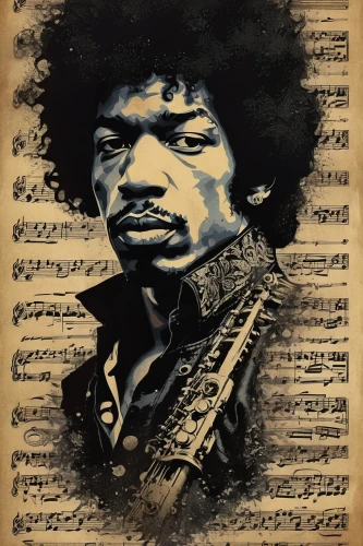 jimmy hendrix,jimi hendrix,black music note,afro american,afro-american,piece of music,man with saxophone,musician,art bard,music paper,mozart,musicplayer,composer,saxophone playing man,afroamerican,saxophonist,sheet music,old music sheet,jefferson,musical paper,Photography,General,Fantasy