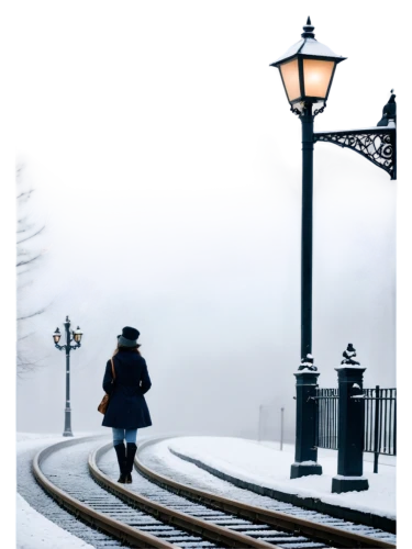 the girl at the station,gas lamp,lamplighter,street lamps,street lamp,streetlamp,the snow falls,winters,streetlight,winter background,train of thought,brocken railway,early train,woman walking,the cold season,winter mood,lamp post,winter service,wintry,girl walking away,Illustration,Abstract Fantasy,Abstract Fantasy 11