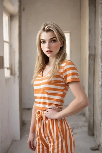 orange,striped background,olallieberry,orange color,blonde woman,in a shirt,cotton top,bright orange,orange dahlia,blonde girl,peach color,polo shirt,girl in t-shirt,retro woman,magnolieacease,cool blonde,retro girl,orange half,teen,orange robes,Photography,Natural