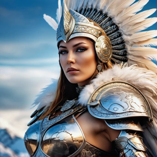 female warrior,warrior woman,ice queen,fantasy woman,feather headdress,athena,fantasy warrior,thracian,massively multiplayer online role-playing game,breastplate,artemisia,heroic fantasy,warrior east,fantasy art,hawk feather,fantasy portrait,fantasy picture,valhalla,nordic,celtic queen,Photography,General,Realistic