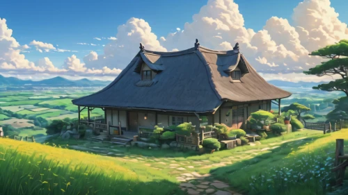 studio ghibli,home landscape,roof landscape,grass roof,ancient house,landscape background,violet evergarden,fantasy landscape,little house,rural landscape,japan landscape,thatched cottage,lonely house,mountain settlement,countryside,mountain scene,meadow landscape,high landscape,mountain village,witch's house,Photography,General,Natural