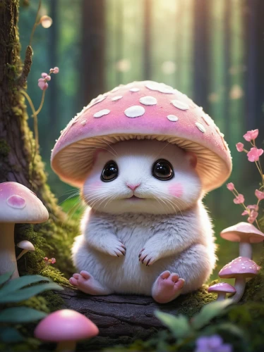 mushroom hat,forest mushroom,toadstool,toadstools,mushroom landscape,tree mushroom,cute cartoon character,champignon mushroom,small mushroom,lingzhi mushroom,club mushroom,mushroom,blossom kitten,mushroom type,chestnut mushroom,forest mushrooms,knuffig,little bunny,cute animal,kawaii frog,Illustration,Japanese style,Japanese Style 11