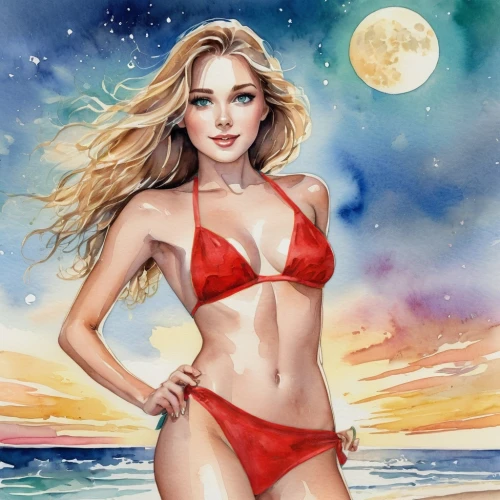 watercolor pin up,beach background,fashion illustration,the blonde in the river,photo painting,fantasy art,watercolor painting,colour pencils,color pencil,watercolor,color pencils,art painting,aphrodite,colored pencil,water color,world digital painting,red summer,blonde woman,watercolor background,fantasy woman