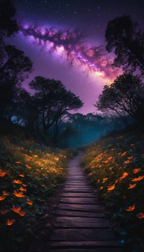 the mystical path,purple landscape,fairy galaxy,pathway,fantasy picture,fantasy landscape,the path,wooden path,forest path,heaven gate,the way of nature,walkway,colorful stars,purple wallpaper,forest of dreams,milky way,tree lined path,galaxy,tree top path,path,Photography,General,Fantasy