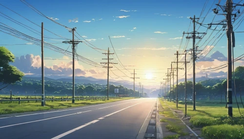 telephone poles,powerlines,power lines,electricity pylons,road,the road,power pole,japan landscape,open road,roads,overhead power line,country road,roadside,power line,electric cable,electrical wires,landscape background,long road,empty road,transmission tower,Photography,General,Realistic