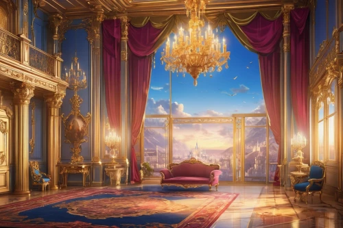 ornate room,royal interior,the throne,four poster,the palace,theater curtain,europe palace,theatrical property,the crown,baroque,ballroom,great room,versailles,monarchy,the little girl's room,napoleon iii style,blue room,stage curtain,rococo,royal,Illustration,Japanese style,Japanese Style 03