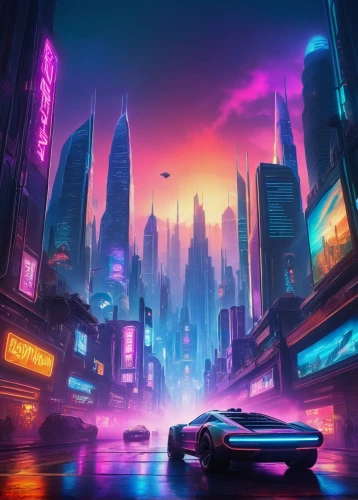 futuristic landscape,futuristic,cyberpunk,cityscape,fantasy city,colorful city,3d car wallpaper,futuristic car,metropolis,world digital painting,80's design,sci fiction illustration,80s,neon arrows,vapor,dystopia,retro background,scifi,sci - fi,sci-fi,Illustration,Retro,Retro 02