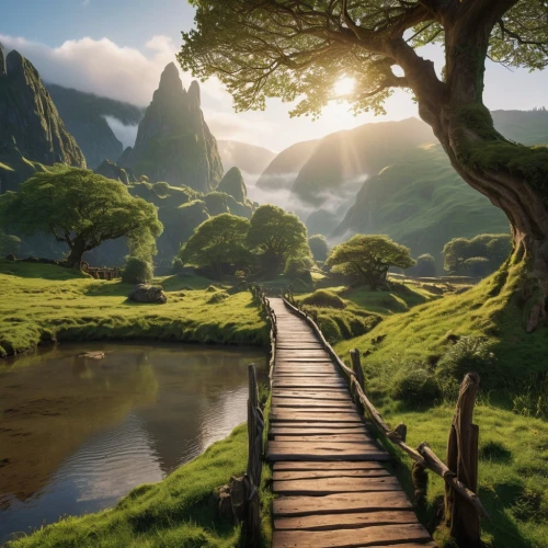 the mystical path,hobbiton,fantasy landscape,an island far away landscape,pathway,hiking path,wooden path,green valley,full hd wallpaper,wooden bridge,beautiful landscape,the path,landscape background,green landscape,druid grove,forest path,tree top path,elven forest,hobbit,idyllic,Photography,General,Realistic