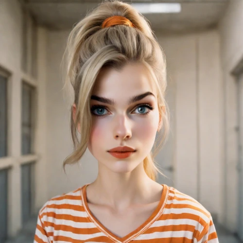 realdoll,orange color,orange,pompadour,girl portrait,vintage makeup,updo,bright orange,blonde girl,retro girl,young woman,pretty young woman,blonde woman,orange half,beautiful young woman,blond girl,portrait of a girl,bun,natural cosmetic,model beauty,Photography,Natural