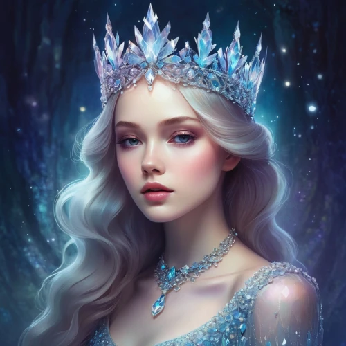 the snow queen,elsa,fairy queen,white rose snow queen,ice queen,princess crown,fantasy portrait,queen of the night,spring crown,tiara,heart with crown,cinderella,ice princess,summer crown,queen crown,crown render,fantasy art,diadem,fairy tale character,crowned,Illustration,Realistic Fantasy,Realistic Fantasy 15