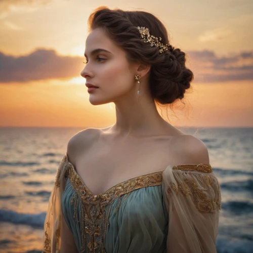 romantic portrait,enchanting,romantic look,celtic queen,girl in a historic way,the sea maid,a charming woman,evening dress,elegant,accolade,aditi rao hydari,by the sea,cinderella,the wind from the sea,mystical portrait of a girl,venetia,girl in a long dress,beautiful woman,diadem,young woman,Photography,General,Natural