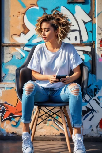 jeans background,girl sitting,denim background,woman sitting,woman holding a smartphone,girl in t-shirt,on the phone,colorful background,ripped jeans,sitting,concrete background,sitting on a chair,portrait background,blogger icon,menswear for women,street fashion,texting,creative background,long-sleeved t-shirt,phone icon,Conceptual Art,Graffiti Art,Graffiti Art 09