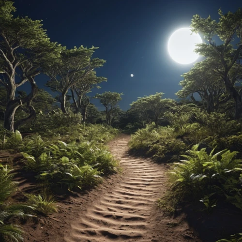 moon valley,forest path,the mystical path,wooden path,moonlit night,hiking path,pathway,moonlit,the path,trails,moonlight cactus,valley of the moon,moonlight,path,trail,moonscape,moon at night,druid grove,moon and star background,elven forest,Photography,General,Realistic