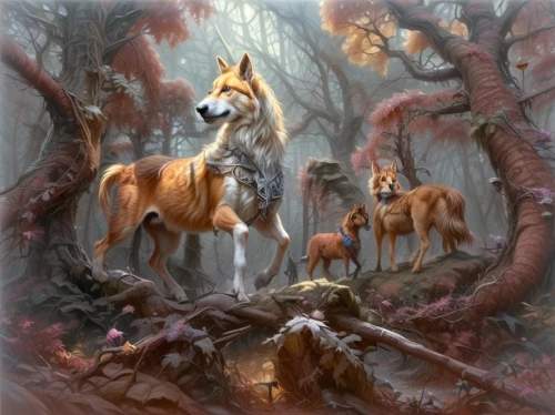 fantasy picture,hunting dogs,wolves,howling wolf,woodland animals,fantasy art,posavac hound,forest animals,scent hound,the wolf pit,canis lupus,fox hunting,hunting scene,transylvanian hound,animals hunting,alpha horse,wolf hunting,european wolf,fox stacked animals,ninebark