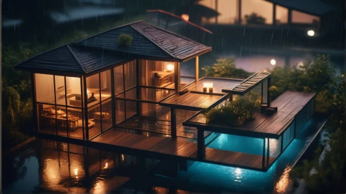 pool house,rainy,house by the water,floating huts,kerala,small cabin,tropical house,summer cottage,aqua studio,small house,rainy season,rainy day,house with lake,wooden house,in the rain,3d rendering,rain shower,cabin,cottage,houseboat,Photography,General,Cinematic