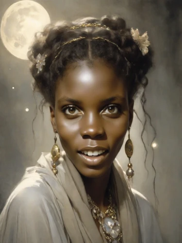 mystical portrait of a girl,child portrait,african woman,african american woman,fantasy portrait,portrait of a girl,ancient egyptian girl,afro american girls,black woman,hosana,beautiful african american women,girl portrait,tiana,oil painting on canvas,moor,afro-american,african art,nigeria woman,princess leia,girl in a historic way,Photography,Cinematic