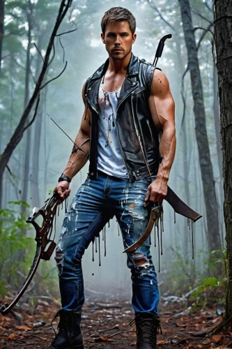 dean razorback,woodsman,farmer in the woods,lumberjack,dane axe,god of thunder,brawny,warrior east,barbarian,robin hood,fantasy warrior,gale,cain,wolverine,hercules,chainsaw,merle black,huntsman,meat kane,digital compositing,Conceptual Art,Graffiti Art,Graffiti Art 08